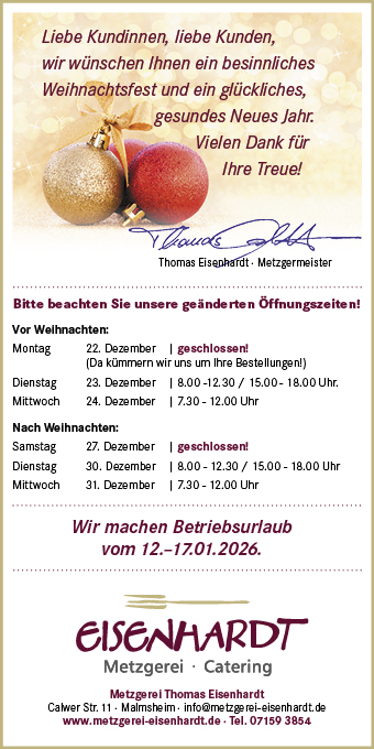 Geänderte Öffnungszeiten zu Weihnachten